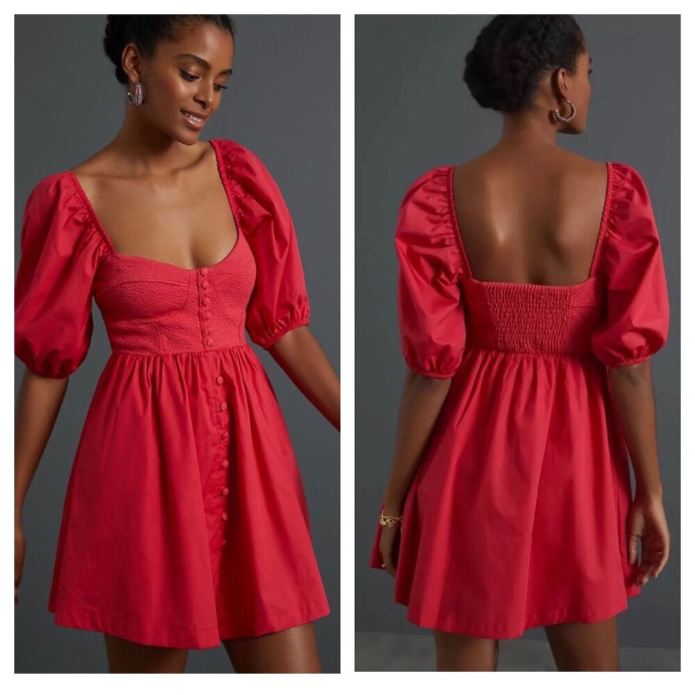 NWT Anthropologie Maeve Pink Puff-Sleeved Sweetheart Mini Dress Medium Coquette